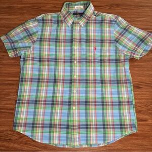 Ralph Lauren Indian Madras Button  Shirt Men’s  Large Plaid Blue Green Cotton ￼